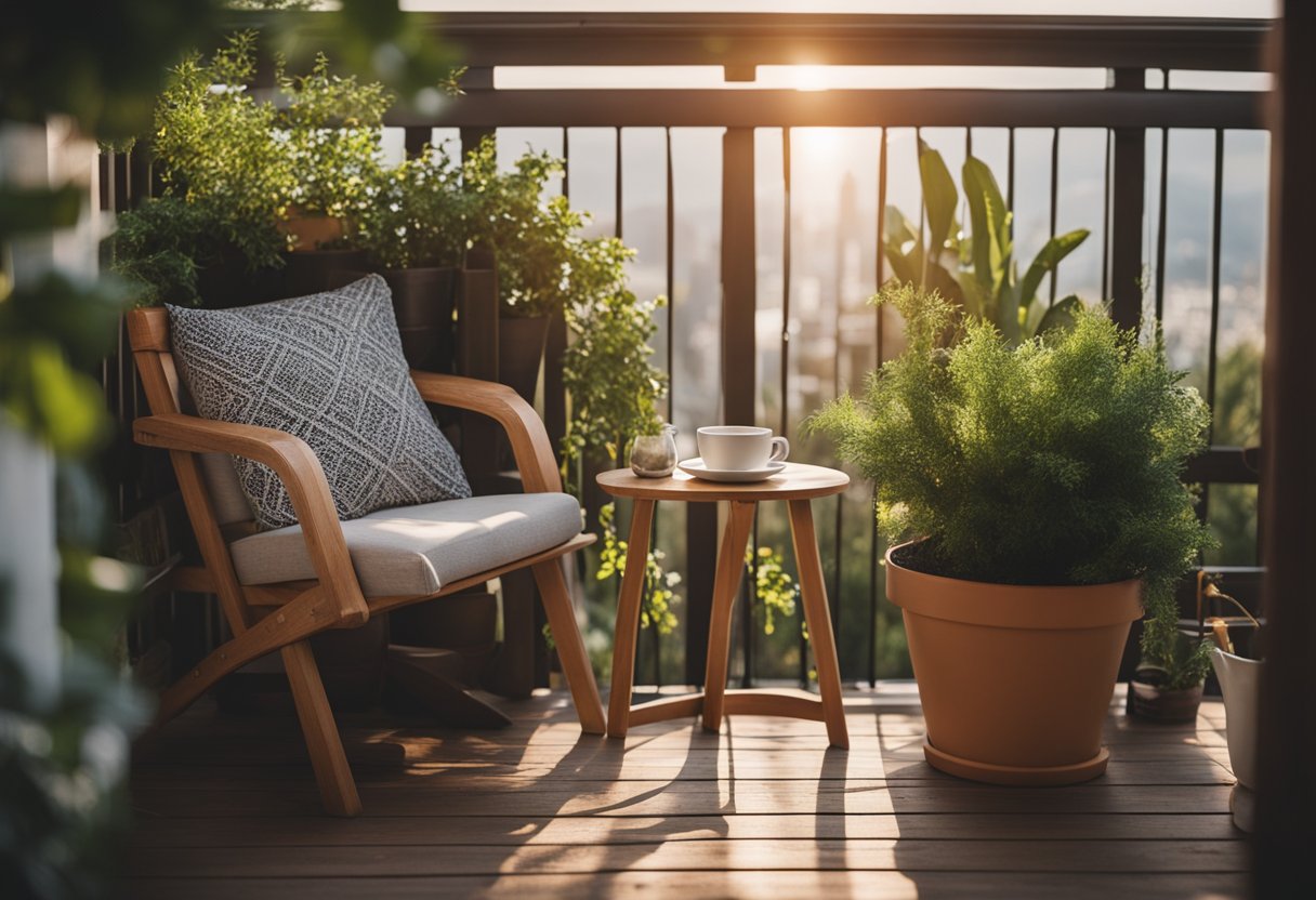 A wooden balcony with potted plants, cozy seating, and string lights. A small table with books and a cup of coffee. Peaceful surroundings