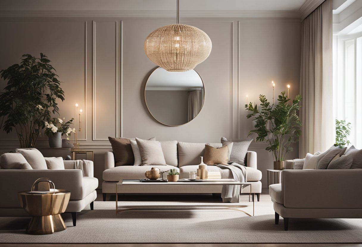 A cozy living room with a neutral color palette, a comfortable sofa, a stylish coffee table, and a large mirror to create the illusion of space
