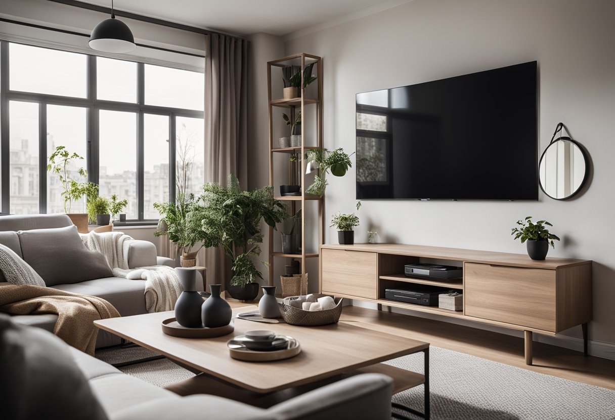 A cozy living room with clever storage solutions, minimalistic furniture, and a neutral color palette. A wall-mounted TV and a sleek coffee table complete the modern look