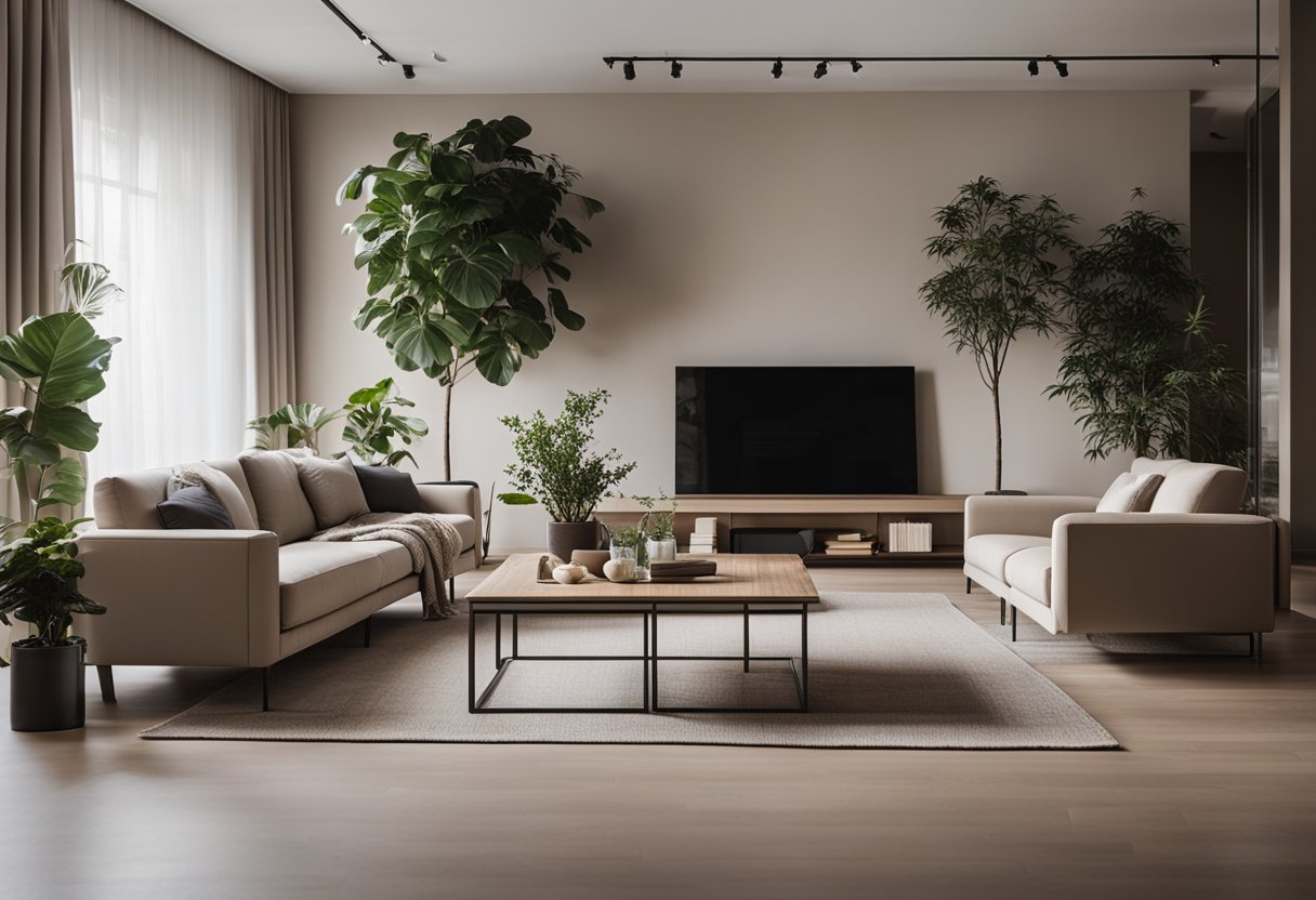 A cozy living room with neutral tones, minimalist furniture, and soft lighting. Plants and art pieces add a touch of nature and elegance
