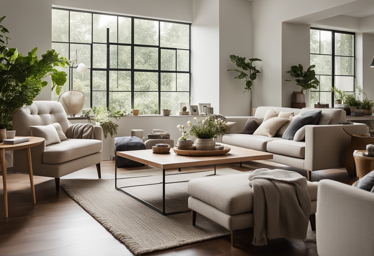 A cozy living room with a neutral color palette, space-saving furniture, and clever storage solutions. A small coffee table sits in the center, surrounded by a comfortable sofa and a couple of accent chairs. A large window lets in natural light, and a
