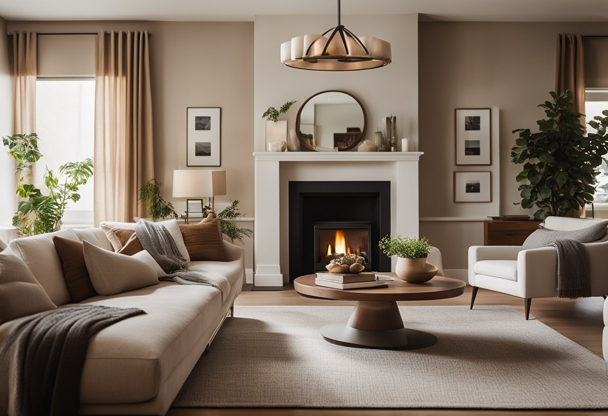 A cozy living room with warm, earthy tones, plush seating, and a focal point fireplace. Natural light filters in through sheer curtains, casting a soft glow on the room's elegant, minimalist design