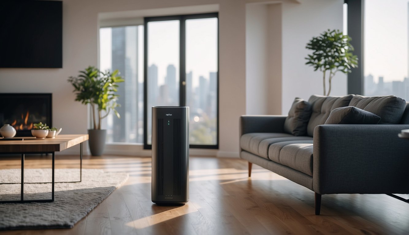 A high-tech air purifier quietly removes pollutants from a modern apartment living room, creating a clean and fresh atmosphere