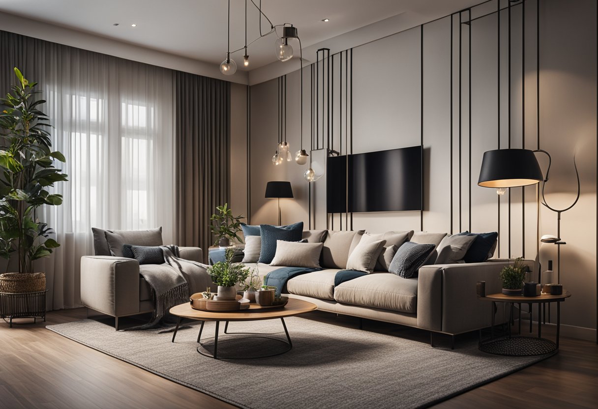 A cozy living room with a modern spotlight design, featuring comfortable furniture and stylish decor