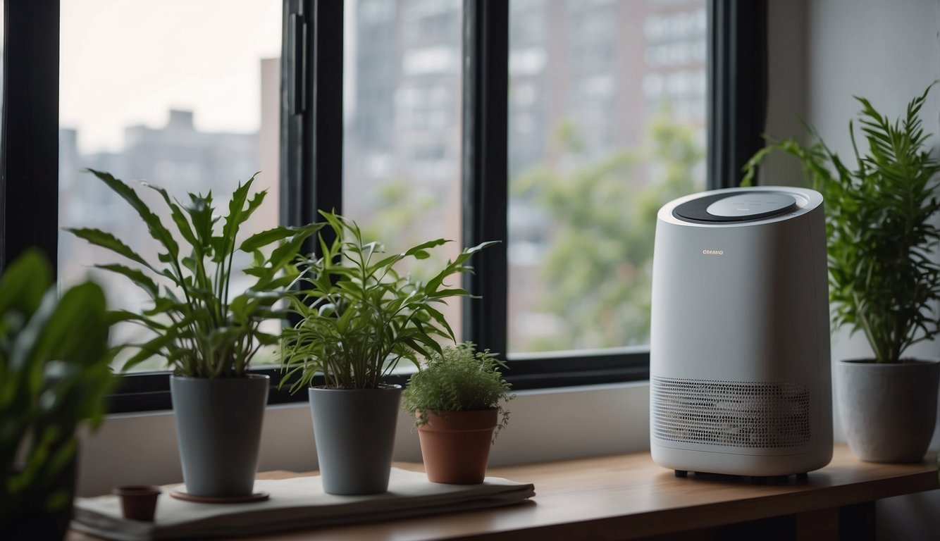 An air purifier hums in a cozy apartment, filtering out pollutants and improving air quality. Plants sit on the windowsill, adding natural purification