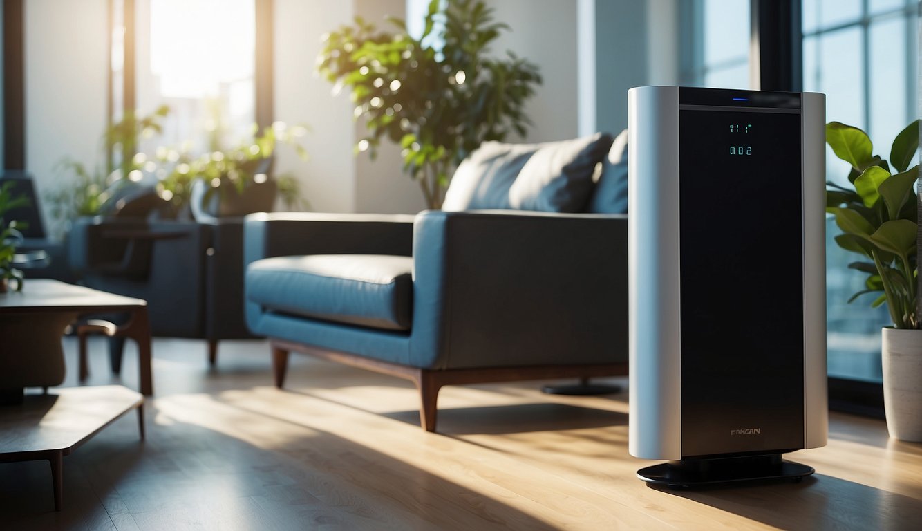 A high-tech air purifier silently removes pollutants from a modern, sunlit apartment, creating a clean and healthy living environment