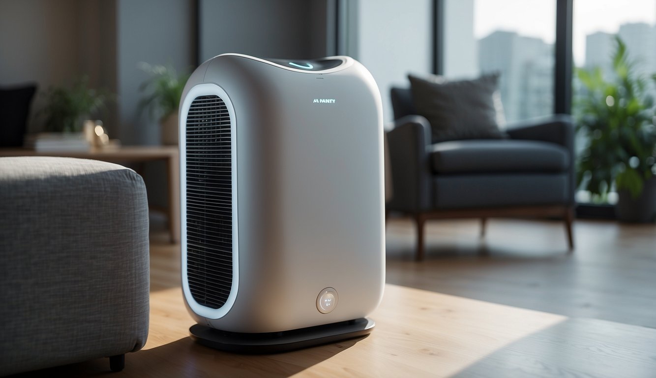 A high-tech air purifier silently removes pollutants from a modern apartment, creating a clean and healthy living environment