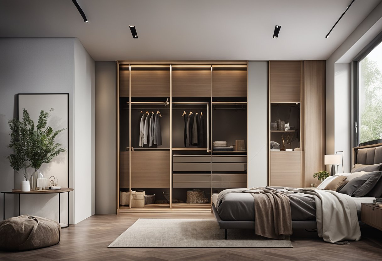 A sliding wardrobe with modern designs in a cozy bedroom setting