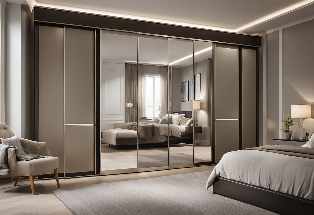 A spacious bedroom with a sleek sliding wardrobe design, featuring mirrored doors and modern handles. The wardrobe is set against a neutral-colored wall with soft lighting, adding a touch of elegance to the room