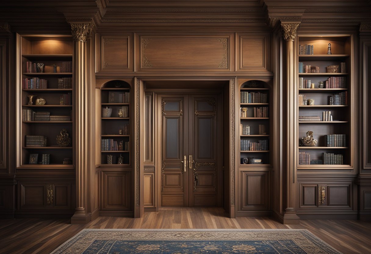 A living room with a hidden door seamlessly blending into the wall, adorned with intricate woodwork and concealed by a bookshelf