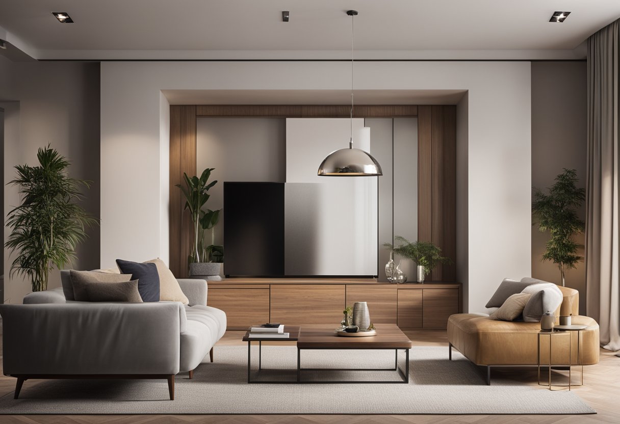 A cozy living room with a hidden door blending seamlessly into the wall, featuring elegant and modern design elements
