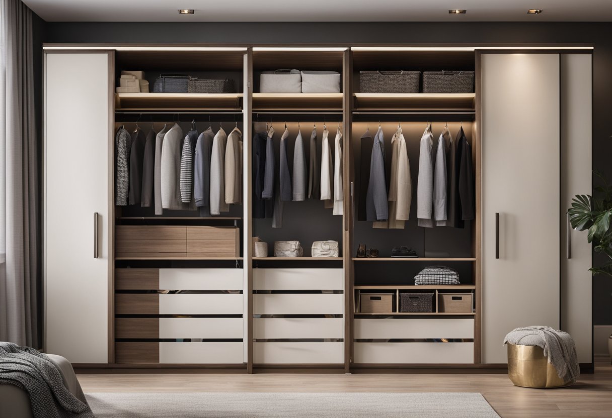 A modern sliding wardrobe with various designs, neatly organized in a bedroom setting