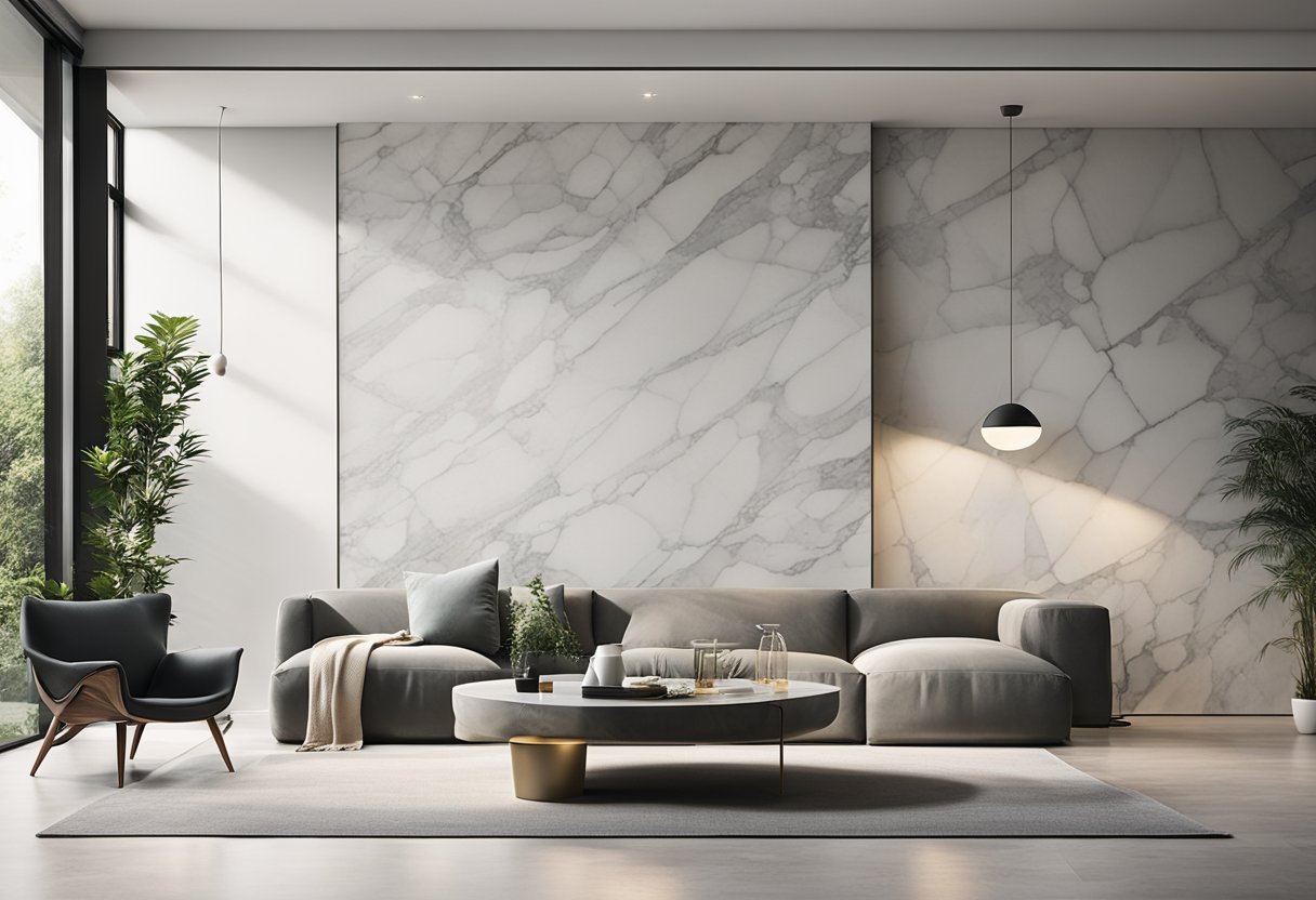 A living room with a sleek marble wall design, featuring clean lines and a modern, minimalist aesthetic