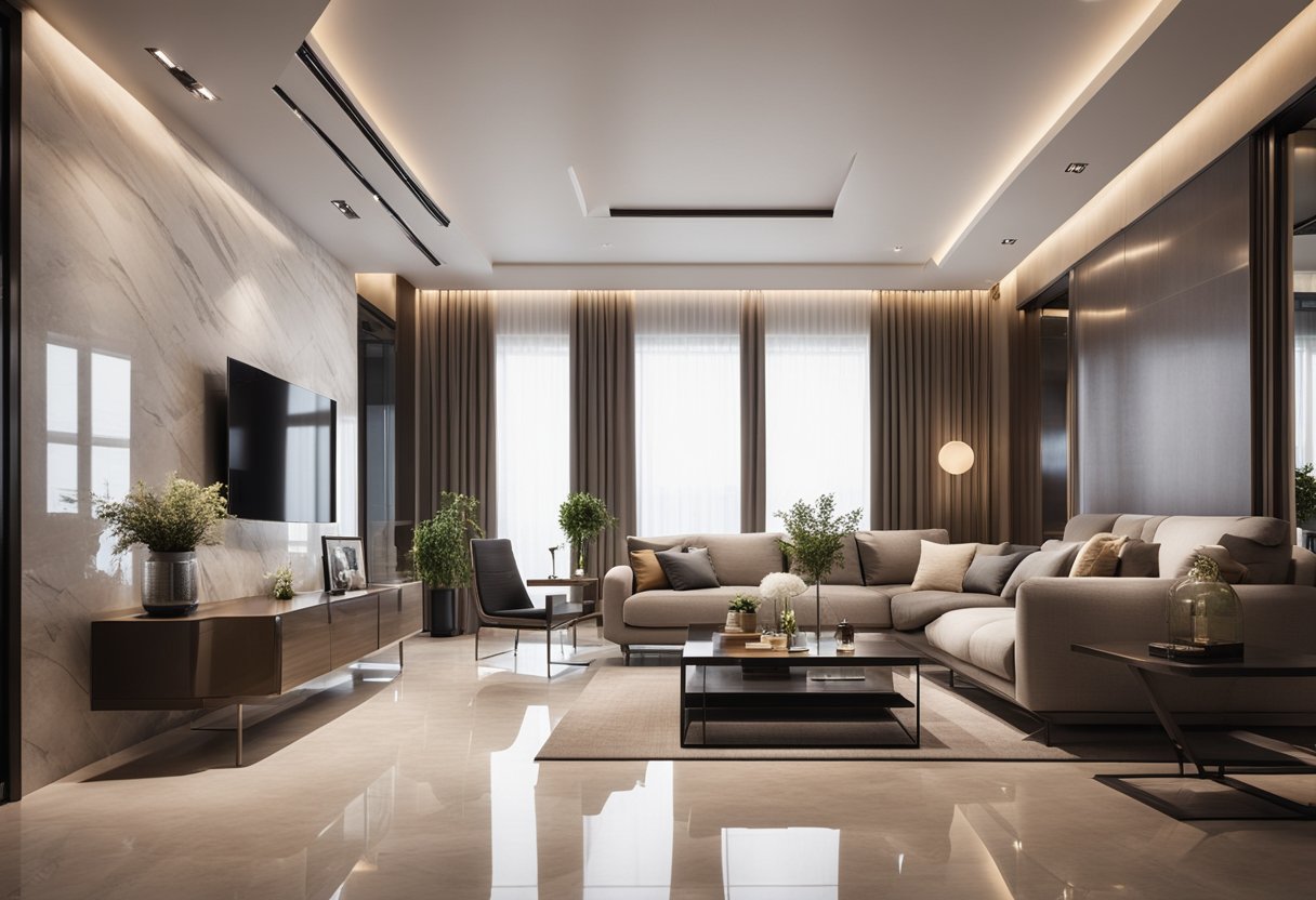 A spacious living room with sleek marble walls, accented with warm lighting and modern furniture