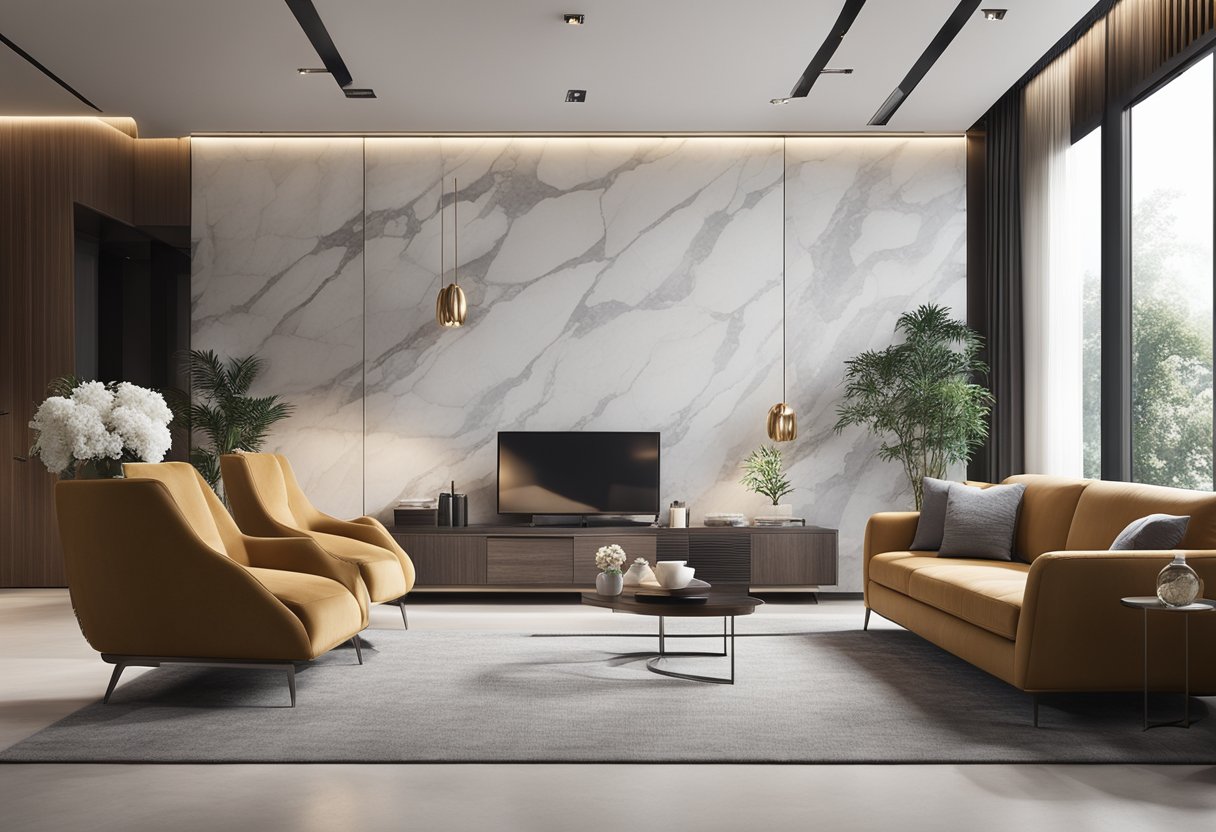 A modern living room with a sleek marble wall design, accented with minimalist decor and stylish furniture