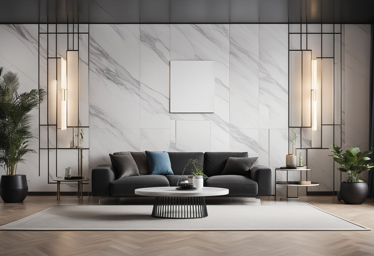 A modern living room with a sleek marble wall design, featuring clean lines and a minimalist aesthetic
