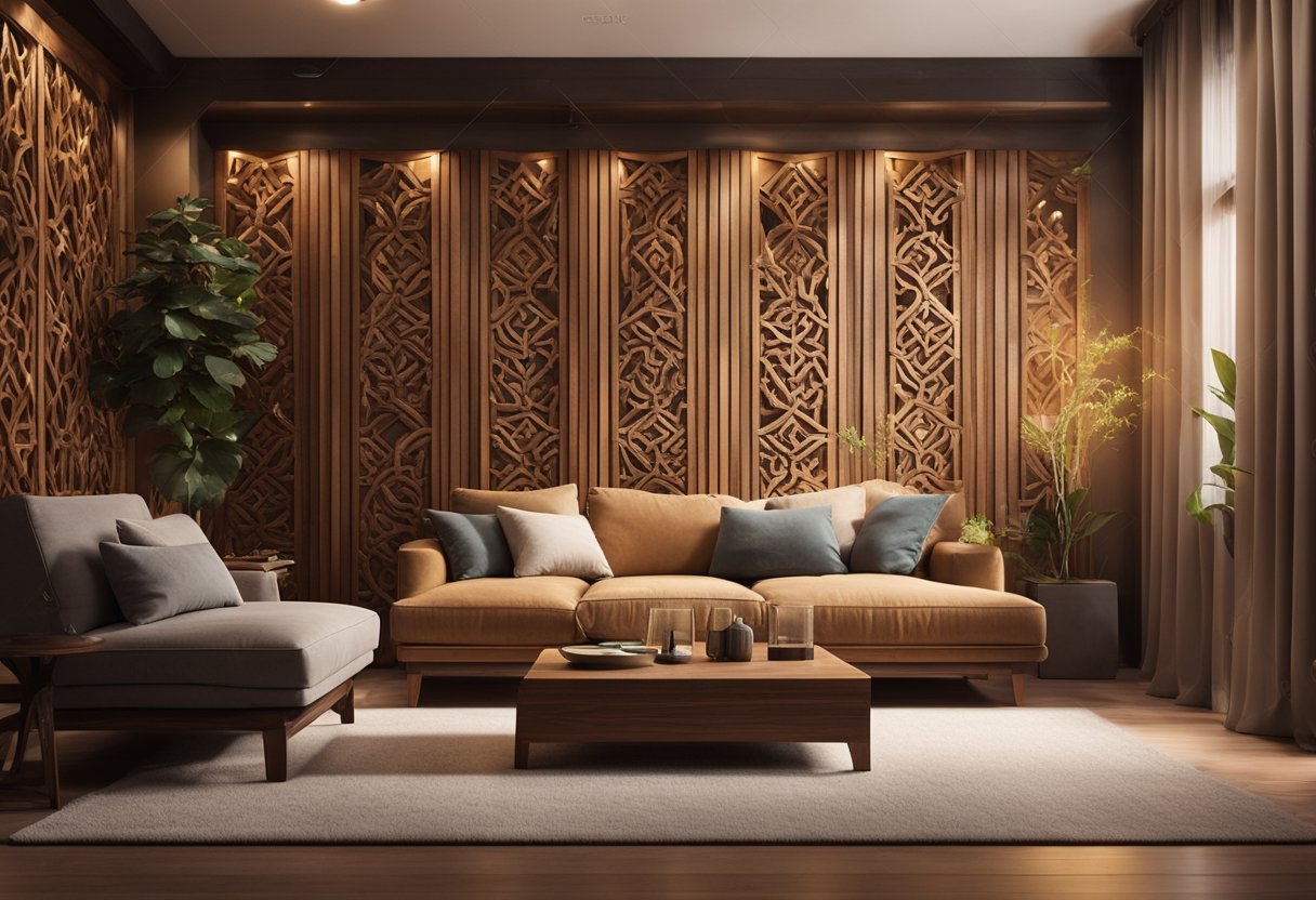 A cozy living room with intricate wooden wall designs and warm lighting