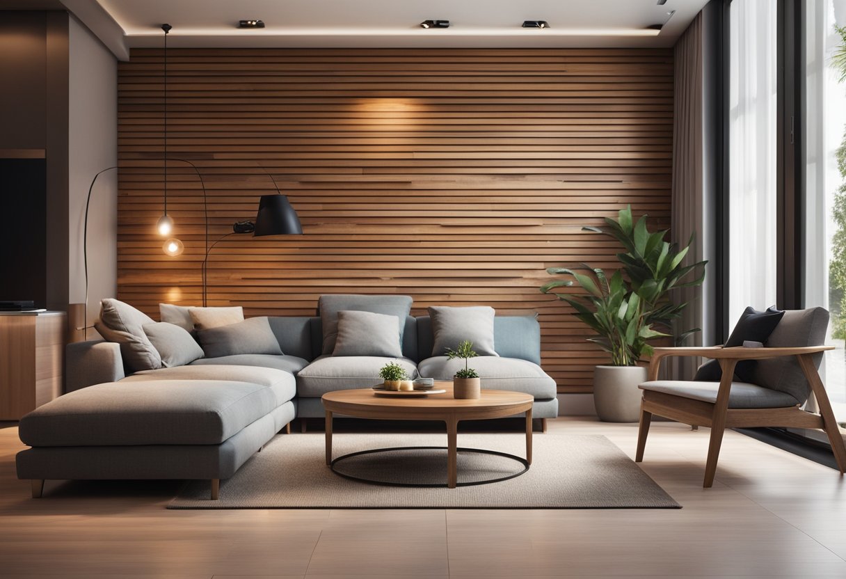 A cozy living room with warm wooden wall designs, creating a welcoming and natural atmosphere