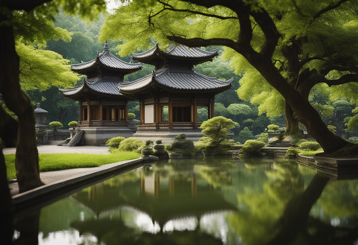 A serene garden with ancient trees, a peaceful temple, and a tranquil pond, evoking a sense of historical mindfulness and meditation