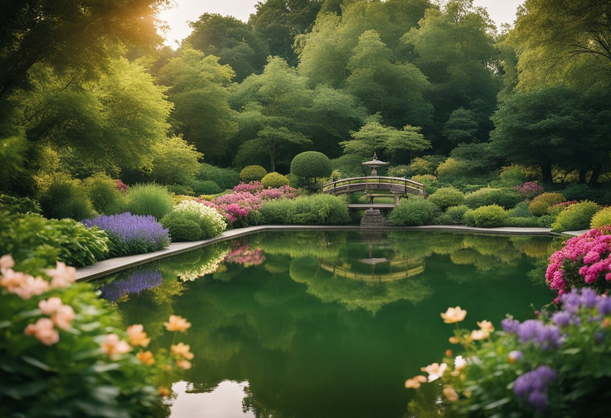 A serene garden with a peaceful pond, surrounded by lush greenery and colorful flowers. A gentle breeze rustles the leaves, creating a sense of calm and tranquility