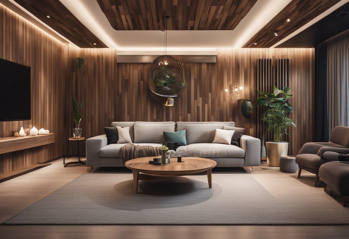 A cozy living room with stylish wooden wall designs and functional furnishings