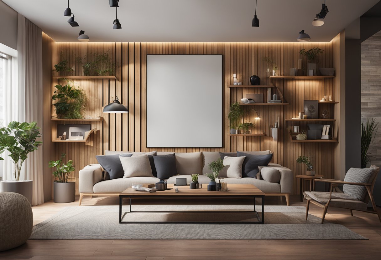 A cozy living room with wooden wall designs, featuring a variety of frequently asked questions displayed in a creative and visually appealing manner
