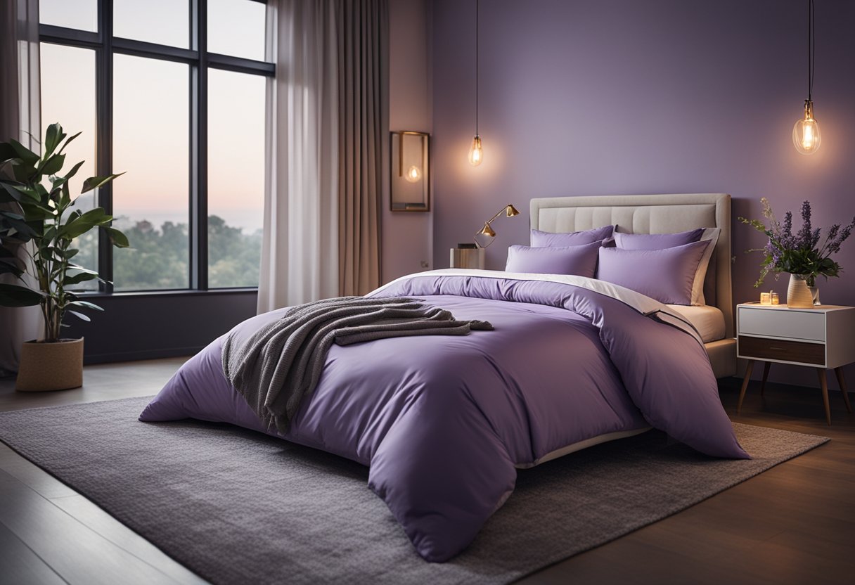 A serene bedroom with dim lighting, lavender-scented air, and a comfortable bed with supportive pillows and soft, breathable sheets