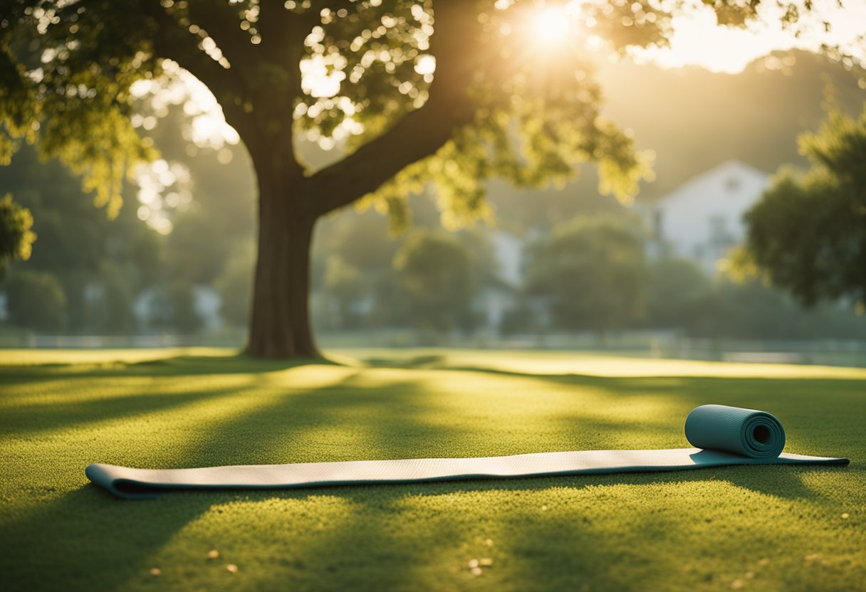 A serene park at sunrise, with yoga mats and exercise equipment scattered about. A peaceful atmosphere with birds chirping and a gentle breeze