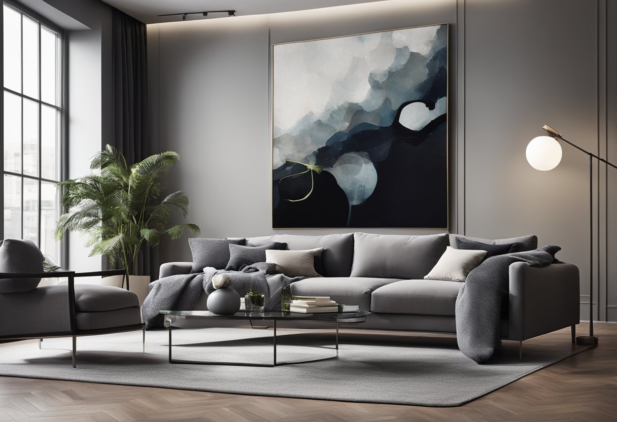 A modern living room with a sleek grey sofa, a glass coffee table, and a large abstract painting on the wall. A plush rug and a floor lamp complete the stylish set-up