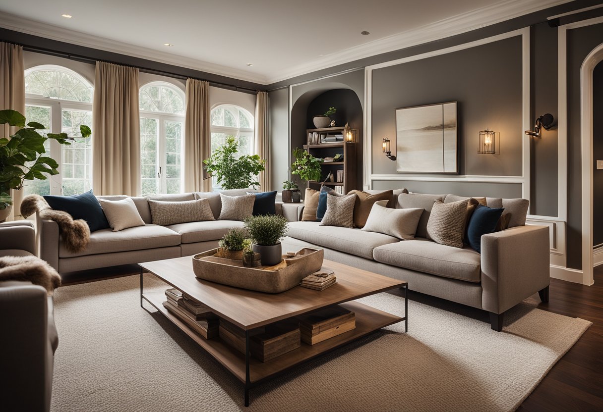 A cozy living room with a large, comfortable sofa and armchairs arranged around a coffee table. Soft, warm lighting creates a welcoming atmosphere, while decorative pillows and a plush rug add a touch of elegance to the space