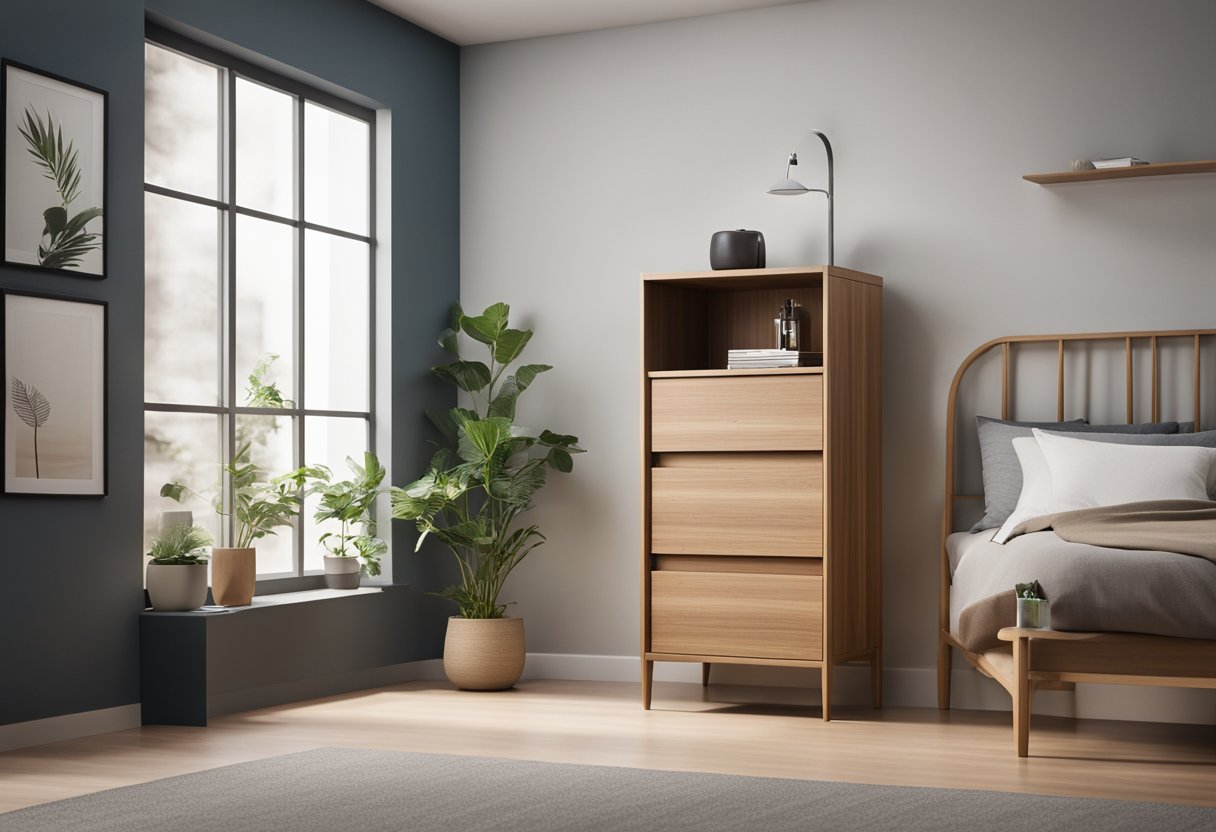 A small wooden cabinet sits against the bedroom wall, with two shelves and a single drawer. The design is simple, with clean lines and a smooth finish