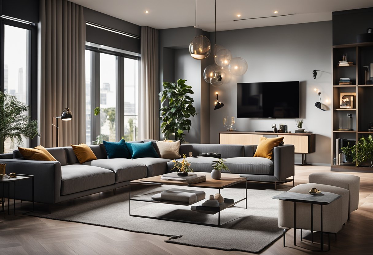 A modern living room with sleek furniture, warm lighting, and pops of color. Clean lines and balanced proportions create a harmonious and stylish space