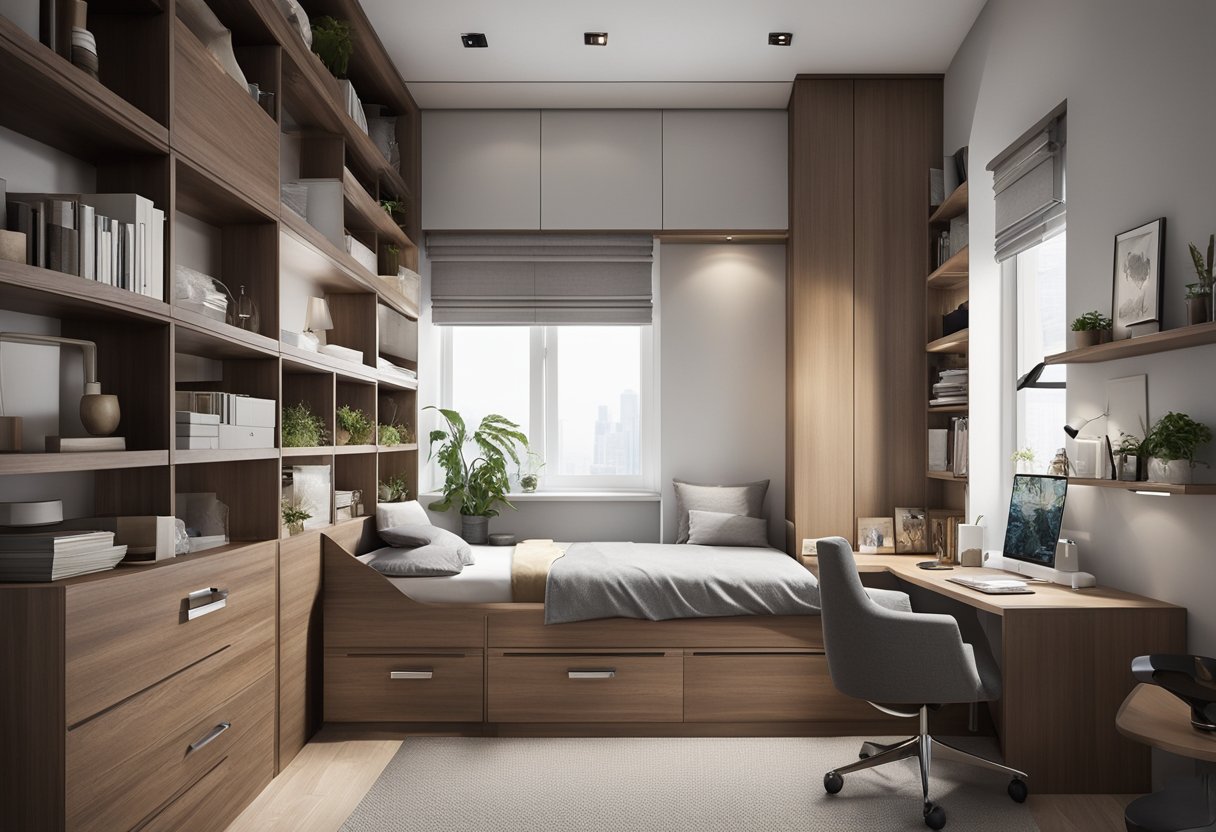 A small bedroom with a bed against one wall and a custom-built cabinet with multiple shelves and drawers along the opposite wall, maximizing storage space
