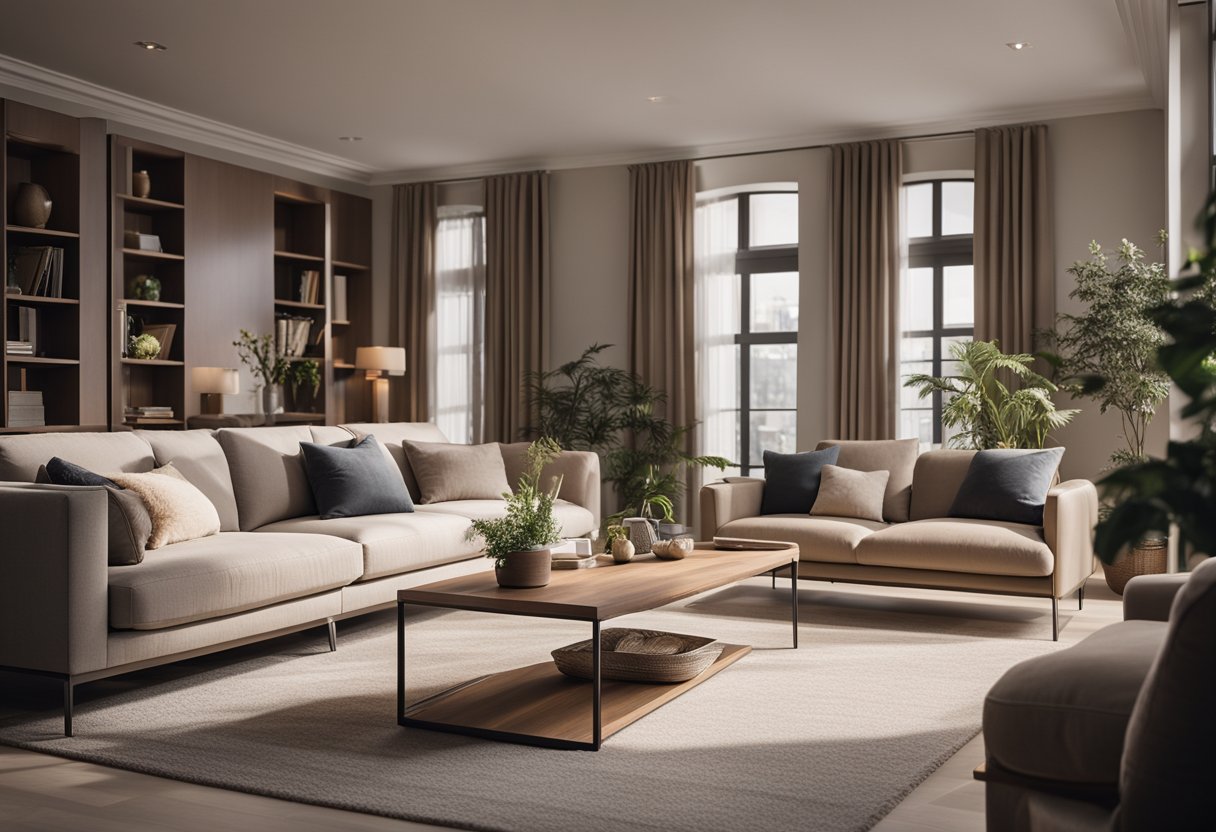 A cozy living room with modern furniture, a large bookshelf, a comfortable sofa, and a coffee table. Soft lighting and a neutral color palette create a welcoming atmosphere