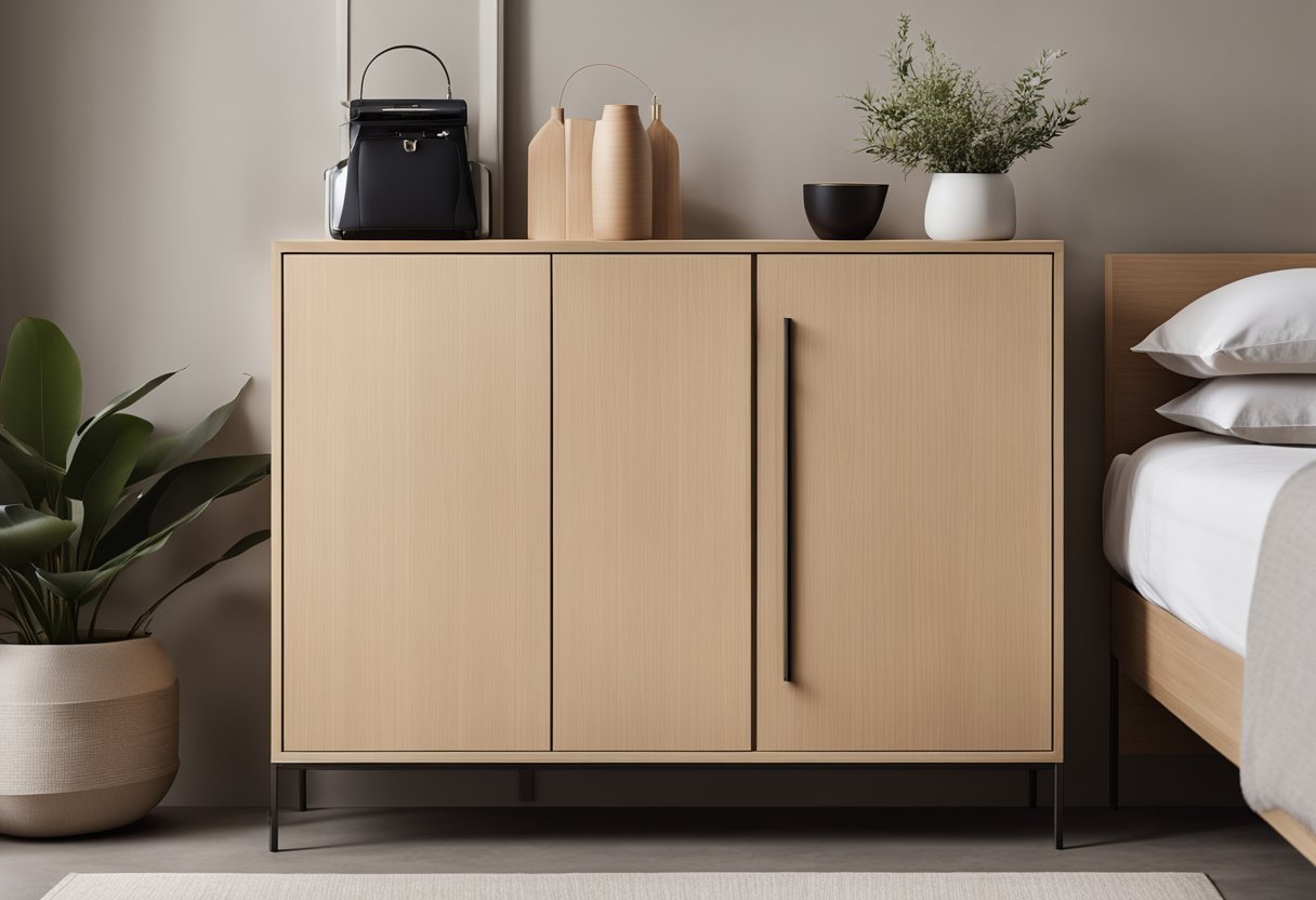 A sleek, minimalist cabinet with clean lines and a combination of open shelving and closed storage compartments. The cabinet is made of light-colored wood with metal hardware and sits against a neutral-colored wall in a bedroom