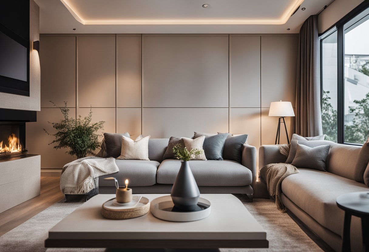 A cozy living room with a bedroom design. A large, comfortable sofa sits in front of a modern fireplace. The room is filled with soft, warm lighting and features a neutral color palette with pops of color in the decor