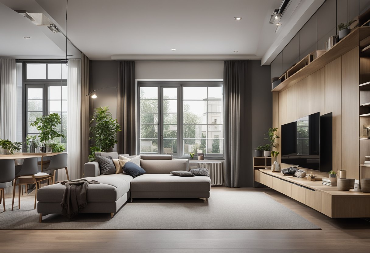 A spacious living room with a cleverly integrated bedroom area, featuring multifunctional furniture and smart storage solutions