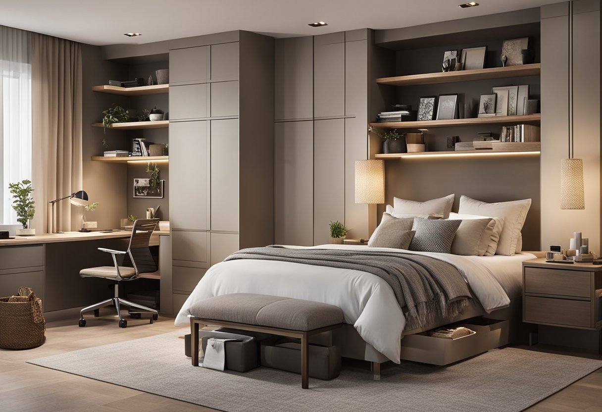 A cozy master bedroom with a neutral color palette, a platform bed with storage underneath, a small desk area, and built-in shelving for storage