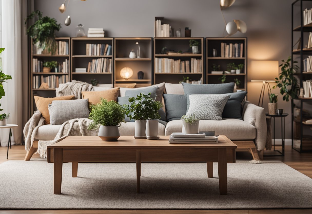 A cozy living room with a stylish sofa, a coffee table, and a bookshelf. A bed with soft bedding and throw pillows is tucked into a corner, creating a dual-purpose room