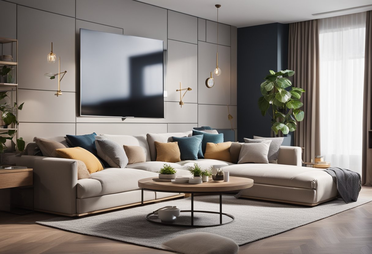 A cozy living room with a bedroom design. A large, comfortable sofa faces a wall-mounted TV. A spacious bed with soft bedding is tucked into a corner, surrounded by stylish decor