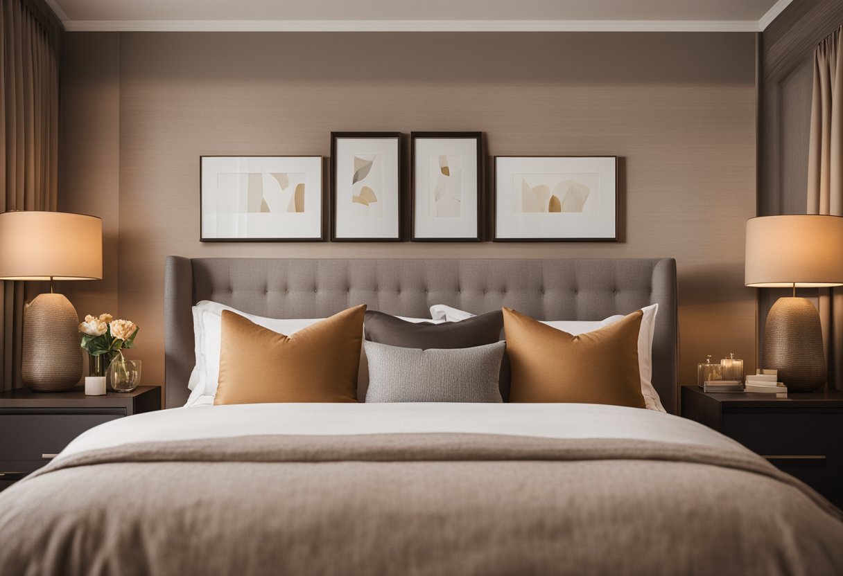 A cozy master bedroom with warm, muted colors. Soft lighting from bedside lamps creates a relaxing ambience. Textured fabrics and minimal decor add depth