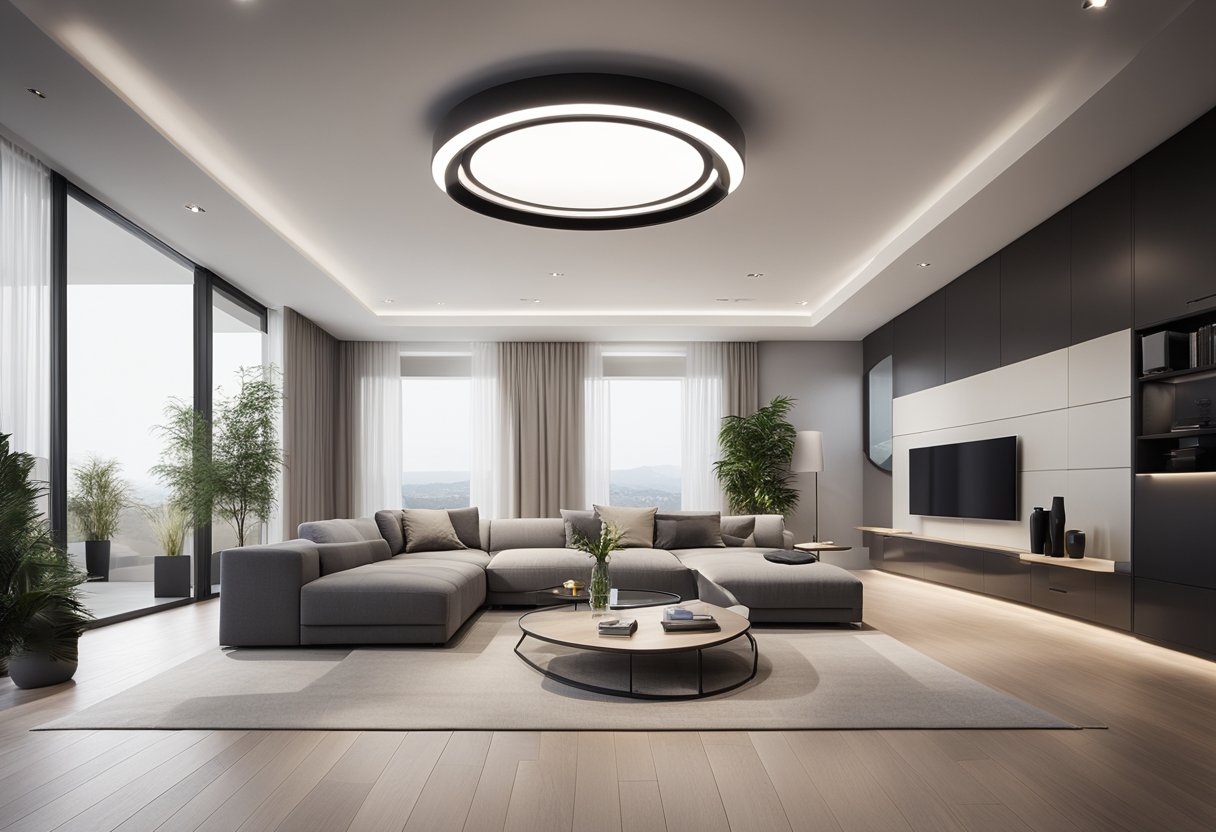 A sleek, minimalist living room with a geometric, asymmetrical ceiling design featuring recessed lighting and clean lines