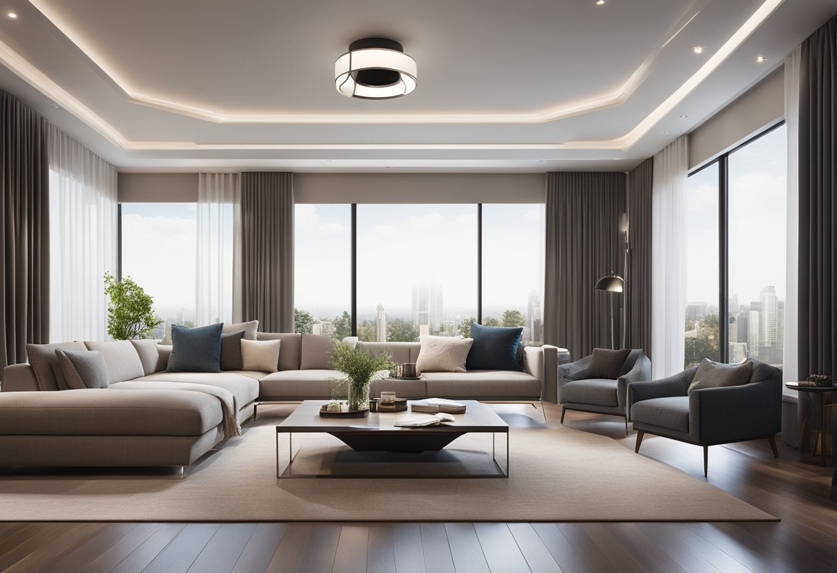 A spacious living room with a modern ceiling design featuring sleek lines, recessed lighting, and geometric patterns. The room is furnished with contemporary furniture and large windows allowing natural light to illuminate the space
