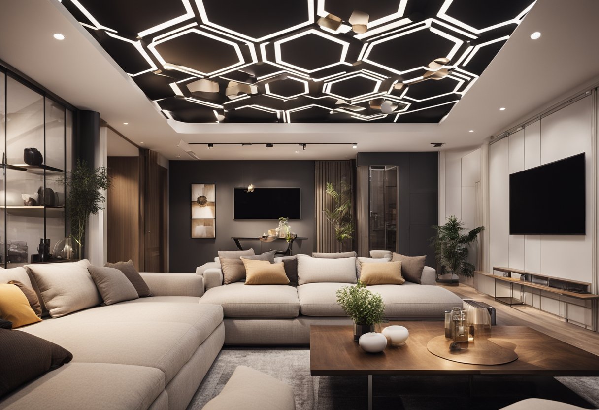 A modern living room with geometric ceiling features, creating a sense of depth and enhancing the room's character
