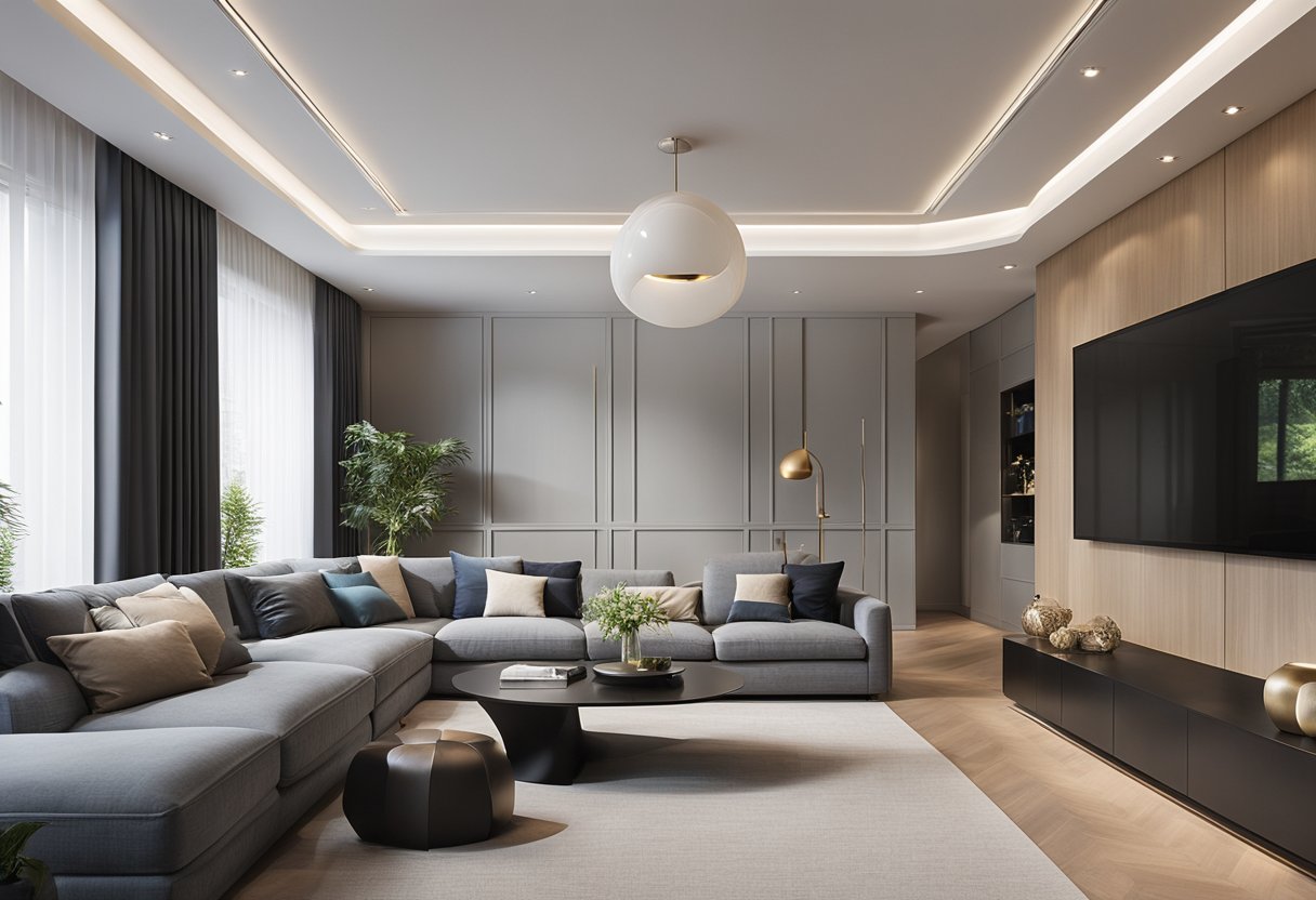 A spacious living room with a sleek, modern ceiling design featuring clean lines, recessed lighting, and a minimalist aesthetic
