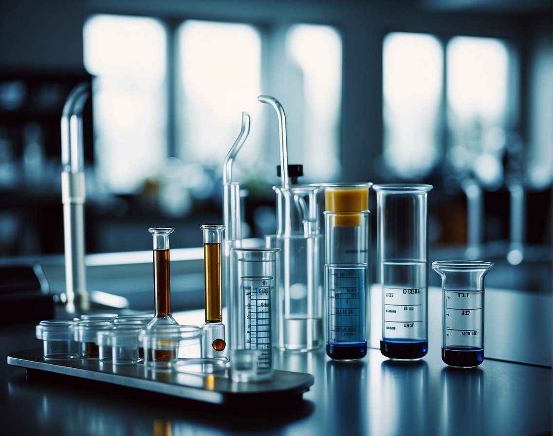 A laboratory setting with test tubes, beakers, and scientific equipment. Charts and graphs showing the process of ketosis and the correlation with longevity