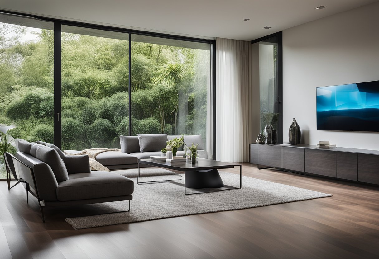 A spacious, well-lit living room with sleek, minimalist furniture, a large, flat-screen TV, and floor-to-ceiling windows overlooking a lush garden