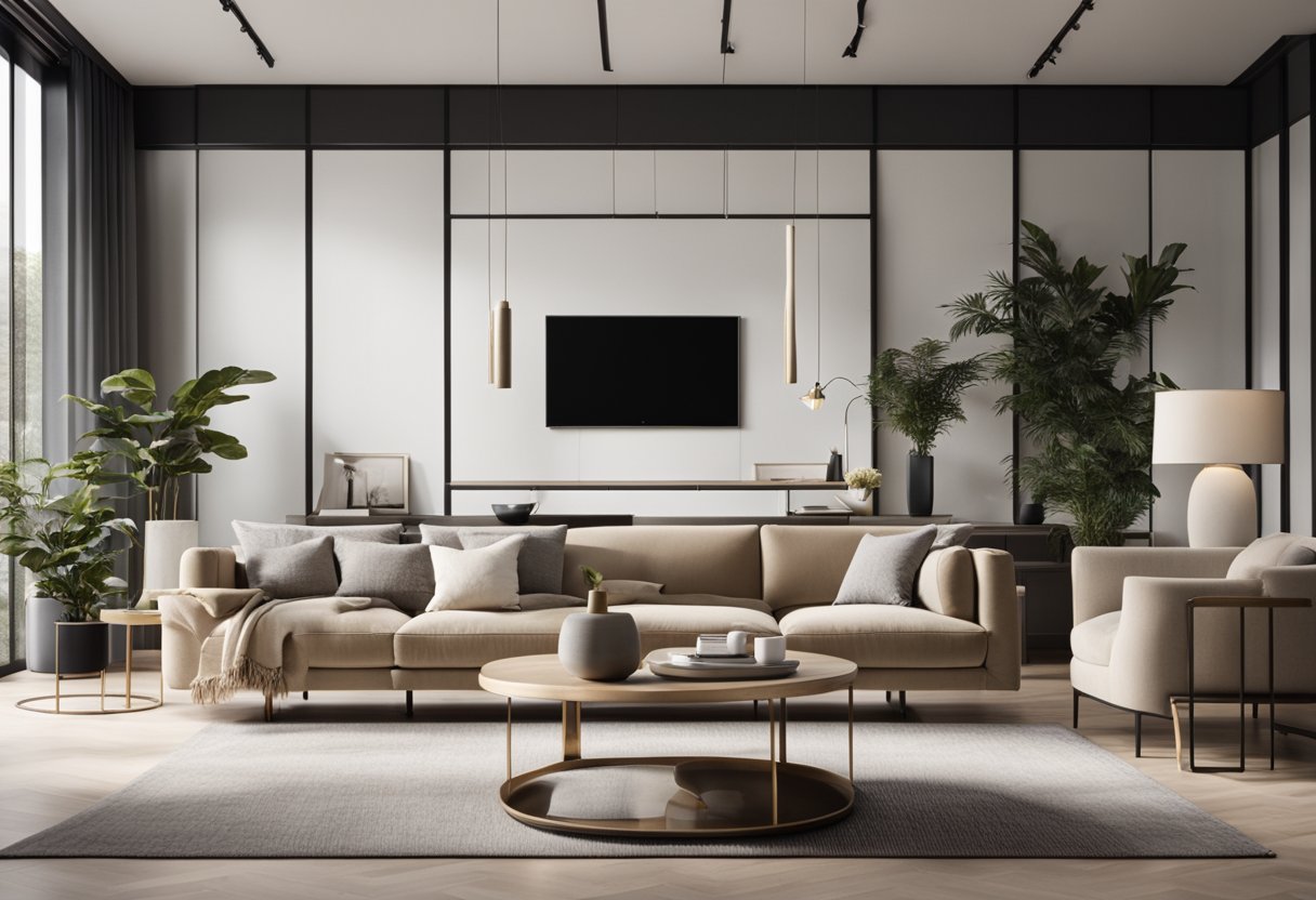 A sleek, open-concept living room with minimalist furniture, clean lines, and neutral colors. A large, panoramic window lets in natural light, while a statement piece of art adorns the wall