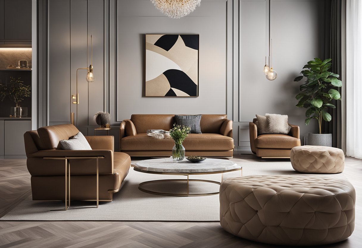 The modern living room features sleek leather sofas, a plush shag rug, and a polished marble coffee table. The walls are adorned with textured wallpaper, and the floor is covered in smooth hardwood