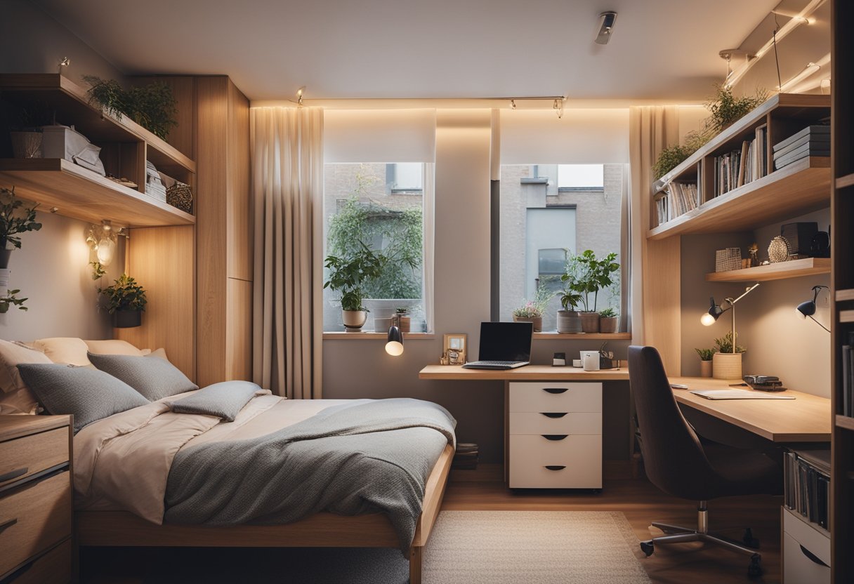 A cozy, clutter-free bedroom with a loft bed, built-in storage, warm lighting, and a small desk area